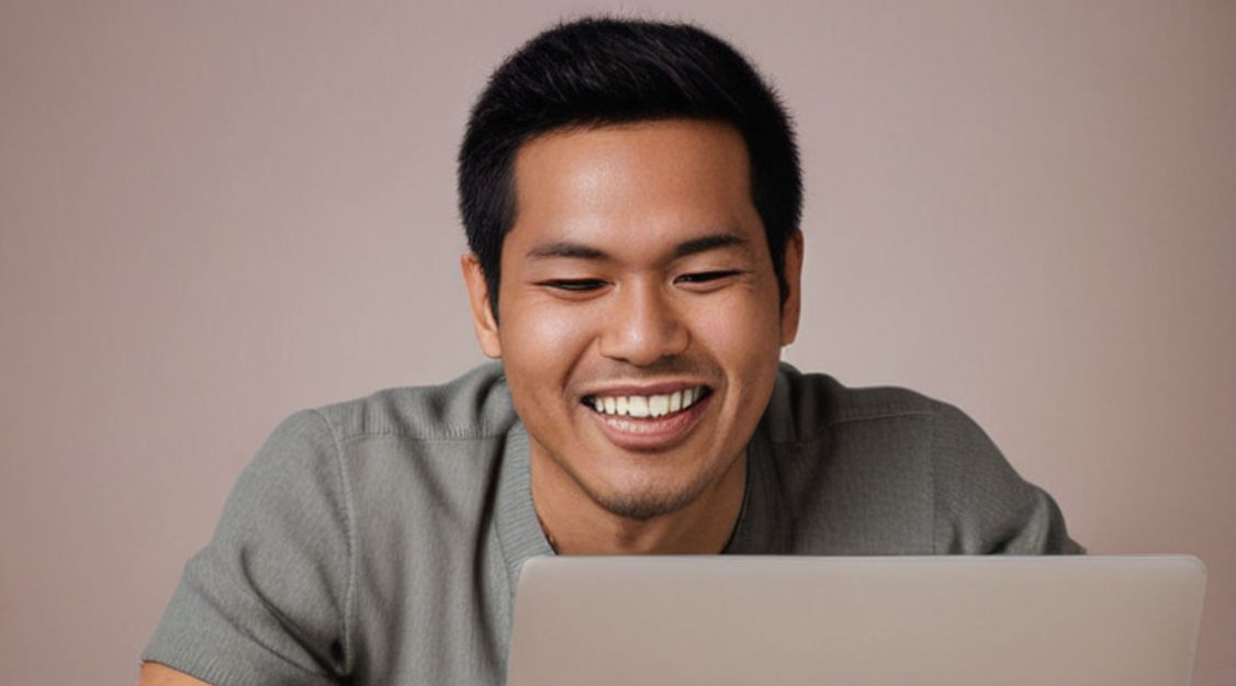 A happy Indonesian man playing online casino on his laptop.
