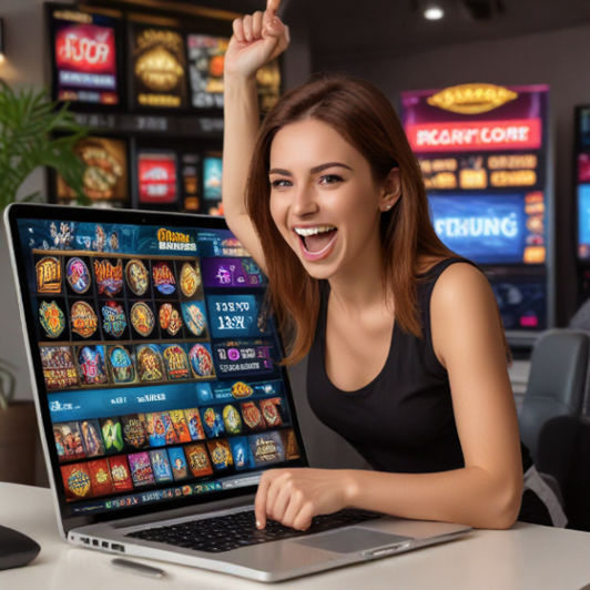 A player cheering in front of a laptop displaying an online slot win on Laris88 Alternative Site.