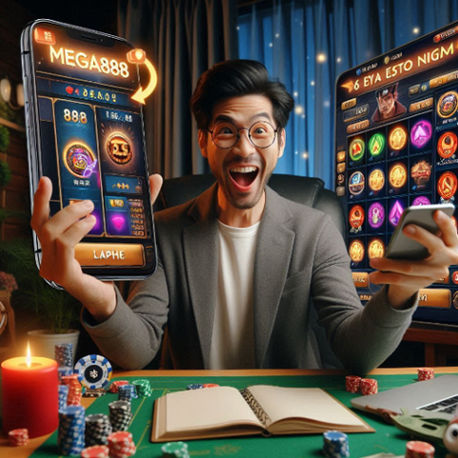 A user excitedly playing on a smartphone with Mega888 casino games displayed on the screen.