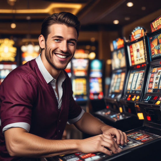 A man smiling as he plays a vibrant slot machine on Yesbet Casino Site from his laptop.
