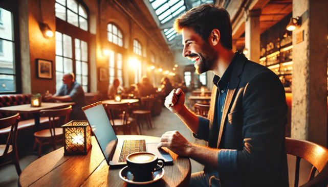 A man sits in a cozy café, smiling at his laptop screen, celebrating a big win.