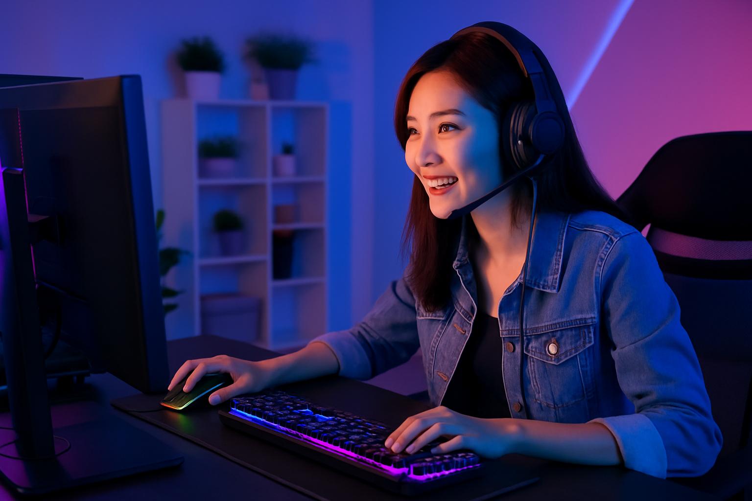 Young woman enjoying online gaming in a neon-lit room at night.