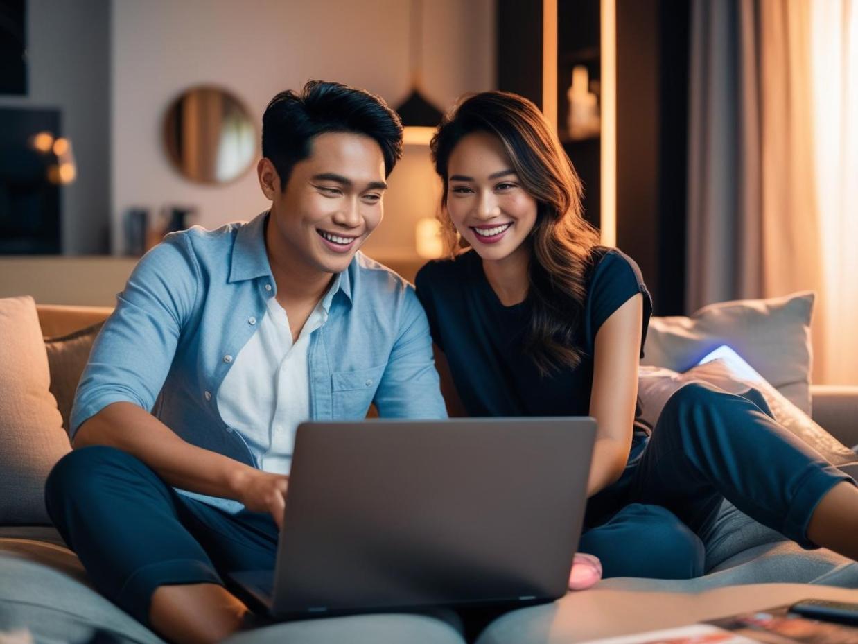 Young Malaysian couple enjoying online gaming on a laptop in cozy modern setting.