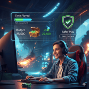 A person wearing a headset and smiling is sitting at a computer, playing a video game.