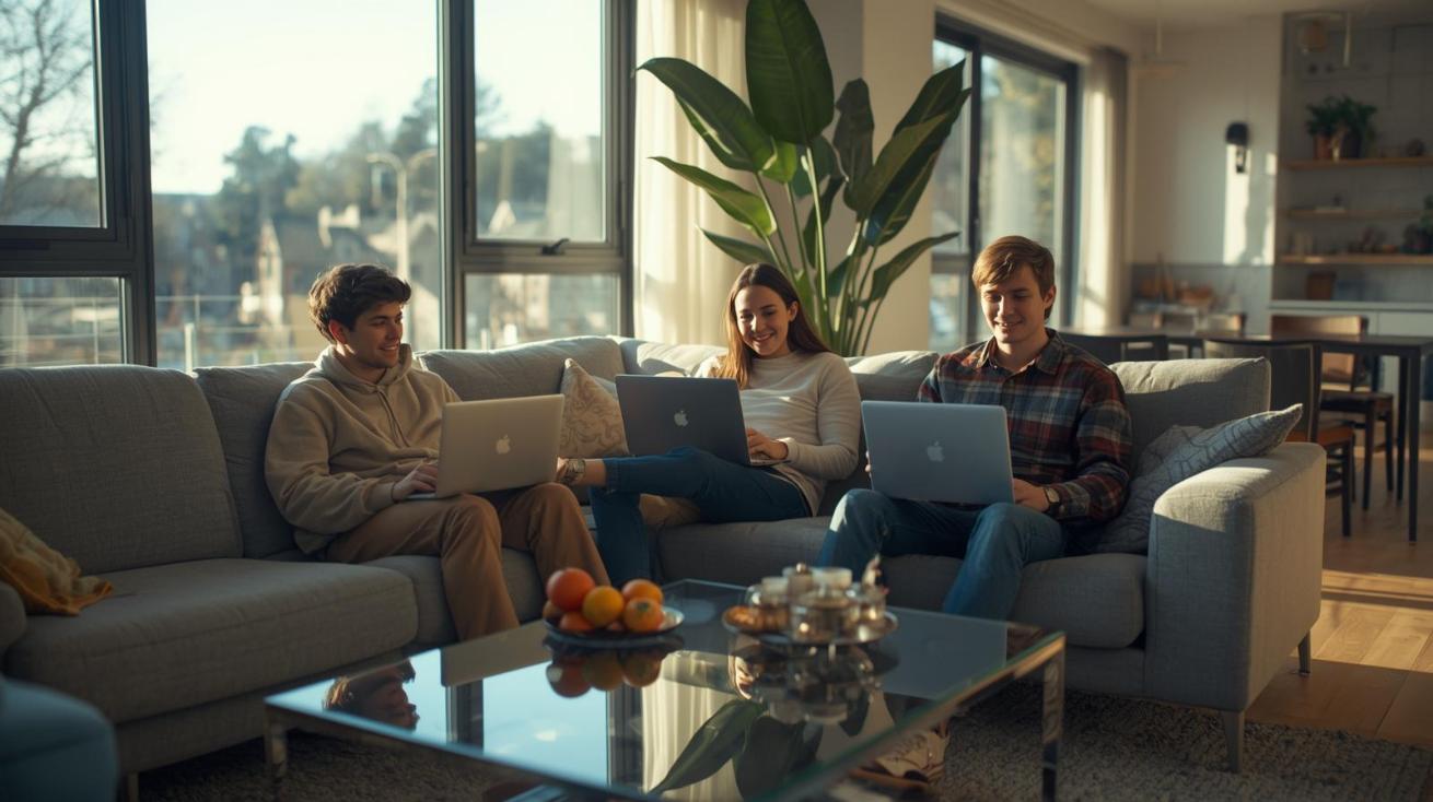 Young adults are relaxing with devices in a sunlit modern living room, creating a cheerful atmosphere.