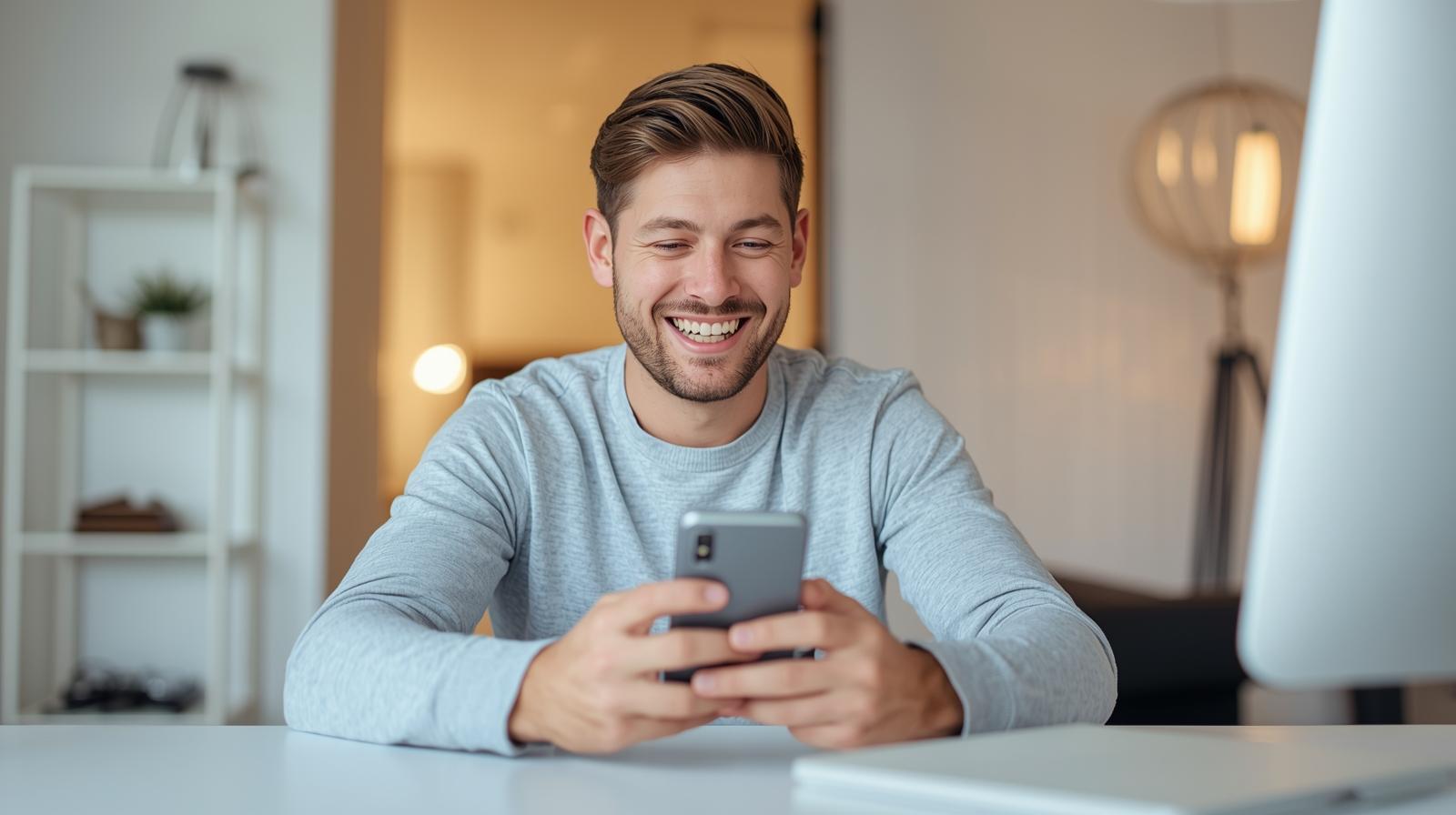 Man smiling at laptop with blurred screen, appearing happy after online gaming success.