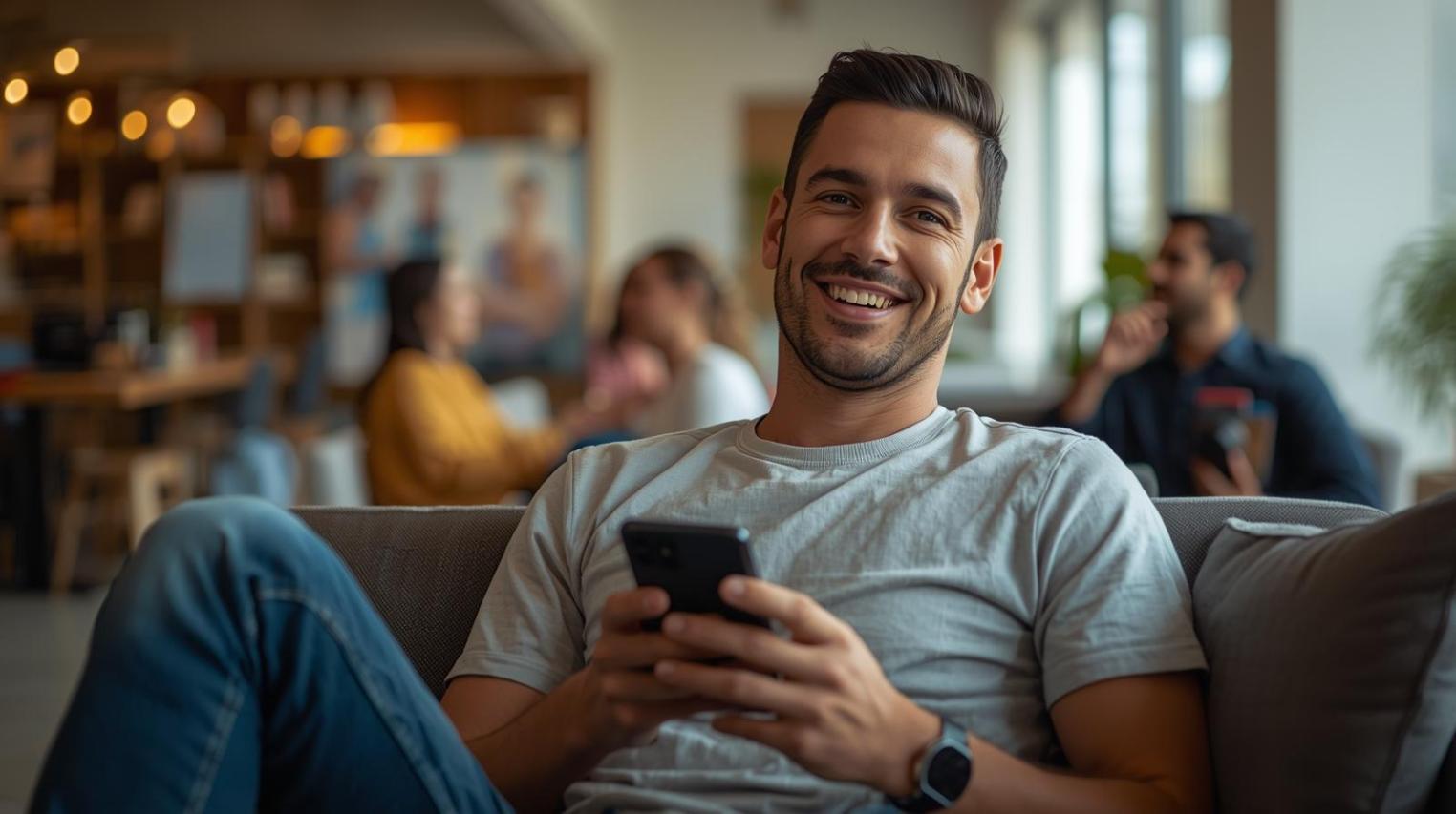 Brazilian man relaxed indoors enjoying responsible online gaming in a bright, positive setting.
