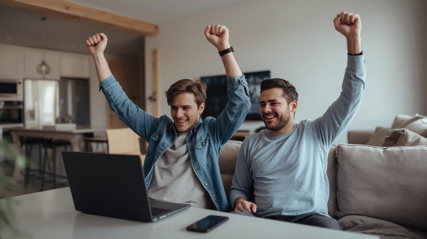 Two adults happily using a laptop at home for online gaming.