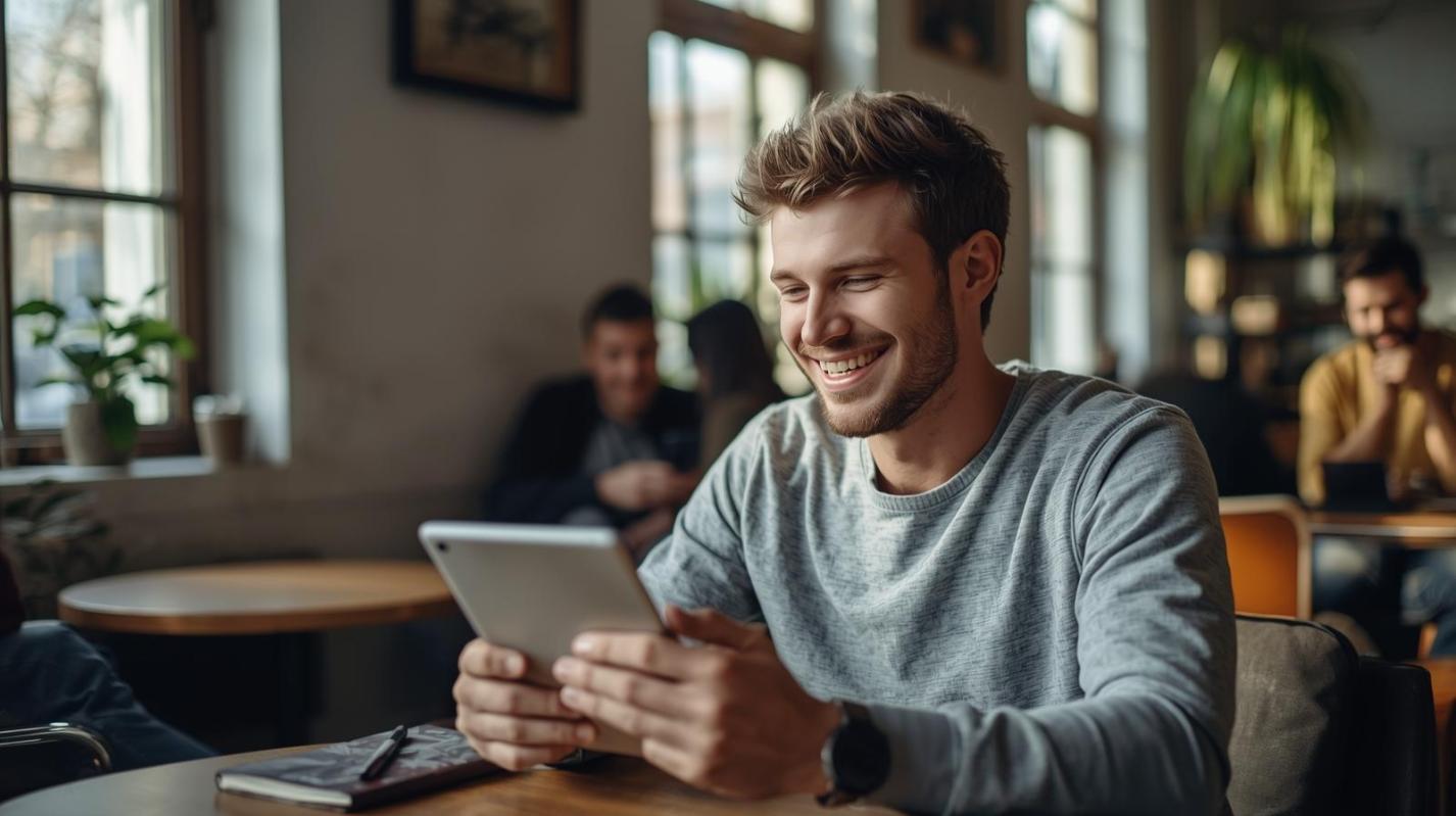 Young man happily using tablet at cafe with subtle gaming accessories nearby.