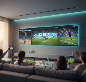 A vibrant, dynamic sports streaming setup showing a variety of live sports feeds on multiple screens (soccer, basketball, tennis), with an overlay of Korean text indicating “스포츠중계 (sports broadcast)” and fans watching on smartphones and laptops in a modern living space.