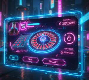A neon-lit casino game interface designed like a video game HUD, player avatar on screen, level-up animation, glowing effects, cyberpunk gaming atmosphere.

