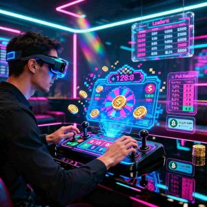 A futuristic gaming setup showing a player competing in a skill-based casino game, neon interface, scoreboards, digital coins, arcade-style visuals mixed with online gambling elements

