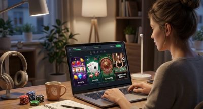 an online gamer exploring different casino game categories on a laptop, including slots, poker, roulette, and live dealer games displayed on the screen